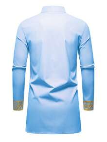 Genlund 男士复古立领长袖衬衫套装 男士两件套 蓝色 男士两件套服装 蓝色 男士非洲两件套服装 男士非洲西装 非洲衬衫和裤子套装 男士加大码 - 淺藍色 - 查看 2