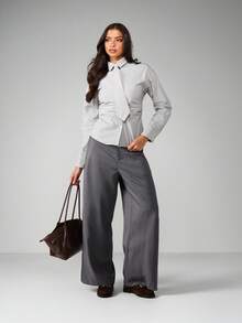 MISSGUIDED Women Long Sleeve Button Up Check Pattern Tie Front Collared Blouse Office Business Shirt With Waist Detail Fall Winter Professional Work Top - Grey - View 4