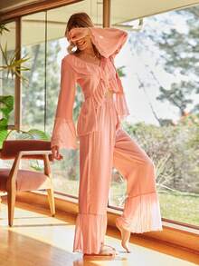 Lullawish 波西米亚风喇叭袖粉色荷叶边睡衣套装，冬季服装 - 粉色 - 查看 1