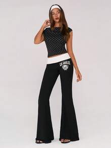 Sweetina 休闲学院风折叠腰带印花喇叭裤 - 黑色 - 查看 3