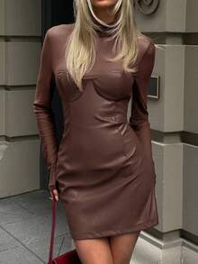 Aloruh Novo Vestido Curto Feminino Para Outono/Inverno, Vestido De Manga Comprida Com Detalhes E Tule, Vestido Elegante De Cintura Alta, Vestido Streetwear Sexy E Chique, Estilo Anos 2000 - Castanho - Ver 4