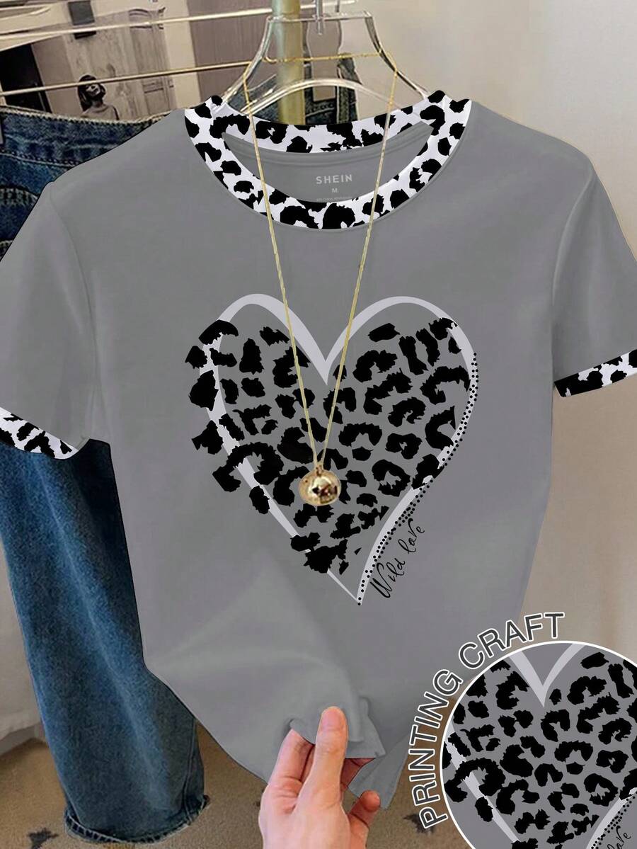 Resyla 女士豹纹爱心图案撞色圆领短袖T恤 - 白色 - 查看 1