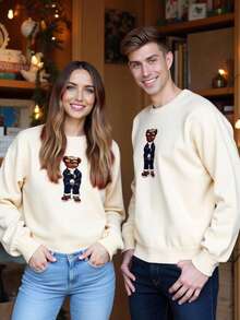 HIMLAND Herren Rundhals Strickpullover, Bärenmuster, einfarbig, leicht weite Passform