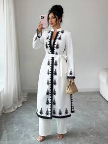 Elenzga Women's Printed Tie-Waist Long Sleeve Loose Casual Regular Cardigan - White - View 4