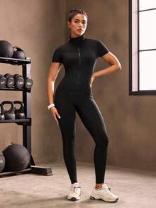 Powerista 拉链修身纯色短袖女式运动连体裤 - 黑色 - 查看 4