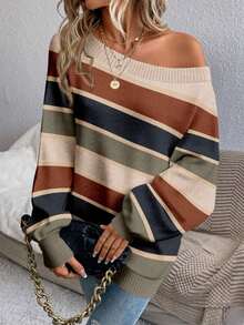 EMERY ROSE Plus Size Women's Casual Retro Commuter Versatile Striped Off Shoulder Long Sleeve Loose Sweater, Comfortable, Soft And Warm For  Spring, - Multicolor - View 5
