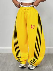 BamGleam Women's Loose Fit Contrast Stripe Wide Leg Sweatpants,Winter ;Winter Clothes For Women , Winter , - Yellow - View 4