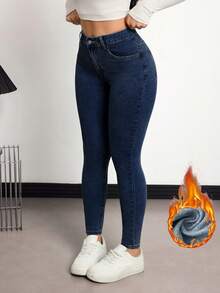 SHEIN PETITE Casual Fitted Thermal-Lined Denim Jeans, Autumn/Winter - Dark Wash - View 5