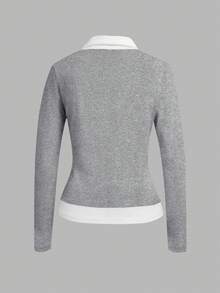 Glimmora 女士撞色领长袖休闲衬衫 - 灰色 - 查看 2