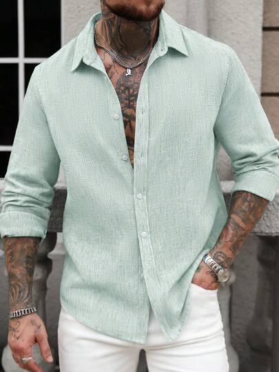 Manfinity Homme Erkek Günlük Çok Yönlü Düz Renk Keten Uzun Kollu Gömlek