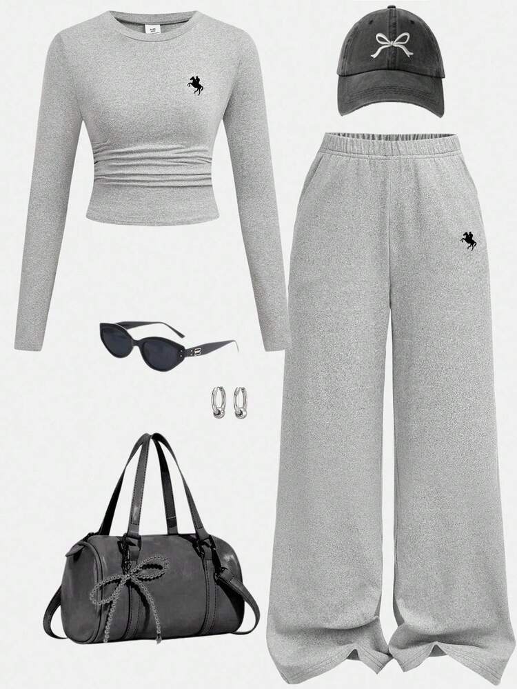 SHEIN Tween Mädchen-Outfit im Teenageralter mit vielseitigem Schmetterlingsmuster, Langarmoberteil und Hose, 2 Stücke Set, hellgrau - Grau - Übersicht 9