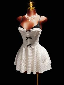 Amplova 女士优雅撞色蝴蝶结装饰吊带迷你连衣裙，夏季 - 杏色 - 查看 6