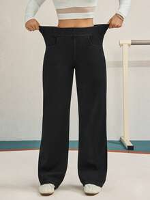 Pantalones vaqueros de pierna ancha, estilo casual deportivo, con elástico para mujer - Negro - Ver 5