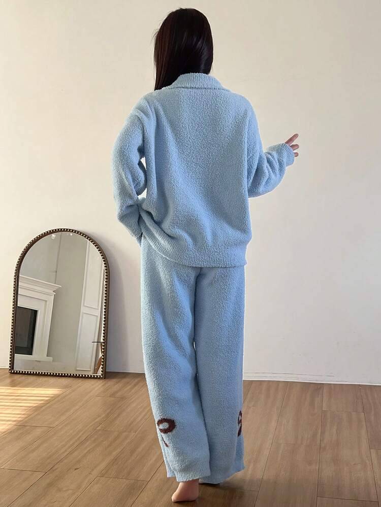 2pcs Women Bow Tie & Puppy Pattern Loose Knit Cardigan And Pants Pajama Set, Autumn/Winter