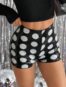 SHEIN EZwear Black Shorts Christmas New Year  Party Sequin Fashionable Casual Sequin Polka Dot Women Shorts Sequin Shorts Polka Dot Shorts Black And White Shorts - Black - View 8