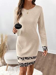 SHEIN Clasi 女士抓绒拼接豹纹连衣裙 - 杏色 - 查看 3