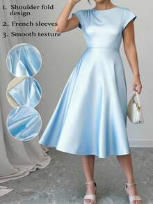 Elenzga 大码女式 A 字形圆领褶皱摆裙 - 淺藍色 - 查看 1