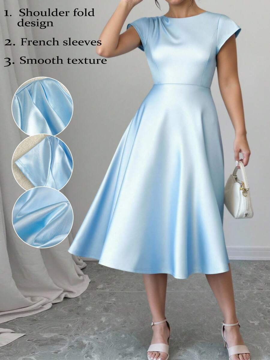 Elenzga 大码女式 A 字形圆领褶皱摆裙 - 淺藍色 - 查看 1