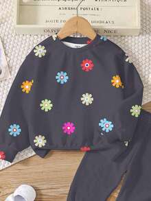 SHEIN Leap Crew Bộ 2 quần áo nỉ dài tay cổ tròn in họa tiết hoa thường ngày cho bé gái tuổi teen, màu xám, phù hợp cho mùa thu/đông - Nhiều màu - Xem 4