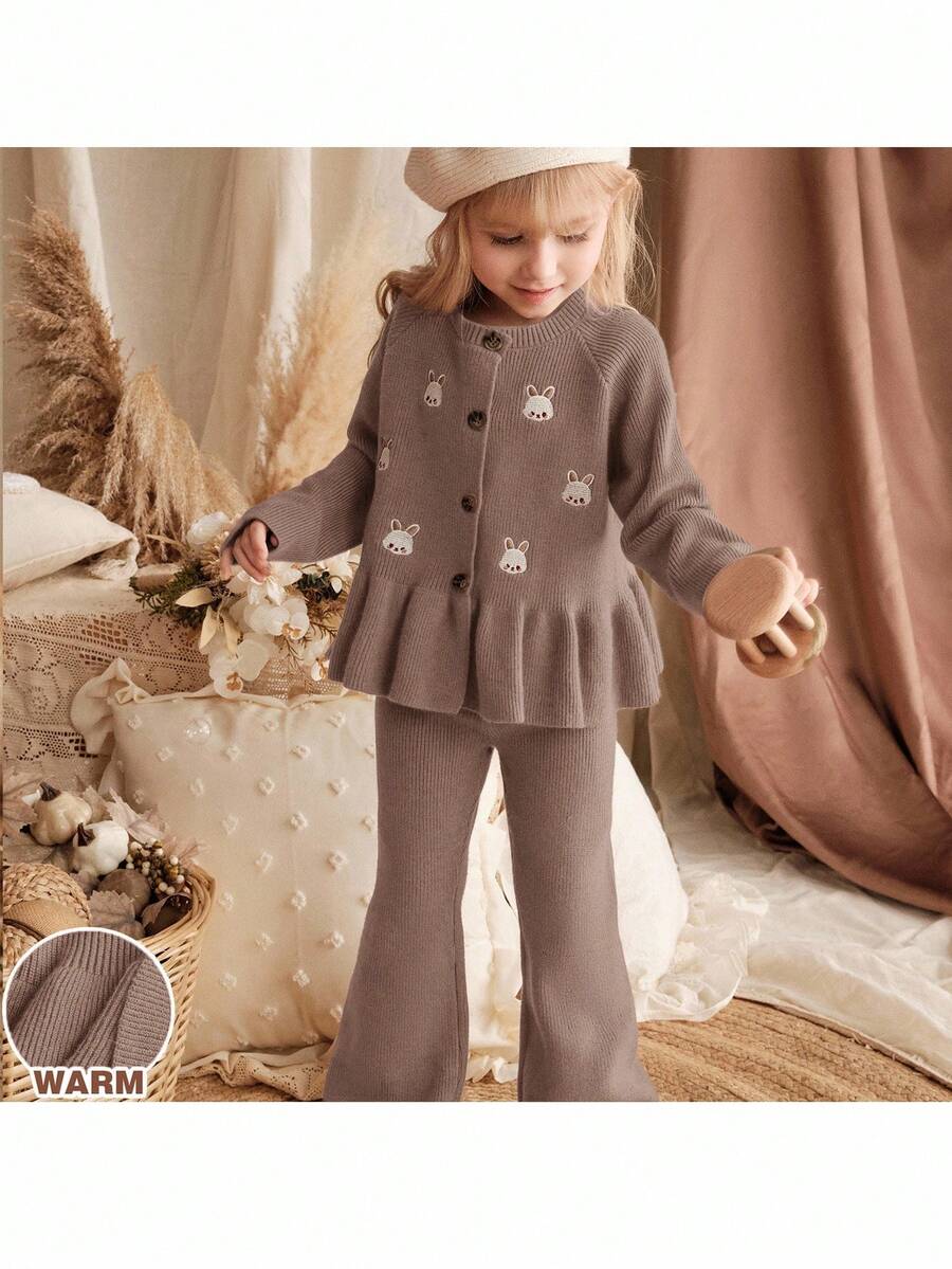 SHEIN Young Girl Cartoon Pattern Crew Neck Long Sleeve Pullover Top And Elastic Waist Pants 2-Piece Set, Girls Rabbit Sweater Set, Girls Cardigan Set, Girls Autumn/Winter Knit Set, Girls Ribbed 2-Piece Set, Girls Knit Cardigan Set, Girls Autumn Outfit, Young GirlWinter Outfit, Brown Girls Knit Set, Girls Rabbit Pattern Set - Mocha Brown - View 1
