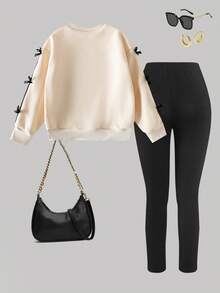 Genkimix Kids Conjunto de 2 piezas de sudadera gris informal estilo coreano con lazo de cinta y pantalones pitillo para niñas - Albaricoque - Ver 2