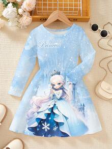 Princess Pattern Blue Round Neck Long Sleeve Dress, Fashionable And Cute, Casual And Elegant, Suitable For Various Occasions - Multicolor - View 3
