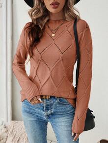SHEIN LUNE Casual Versatile Solid Color Diamond Pattern Knit Sweater, Autumn/Winter - Redwood - View 6