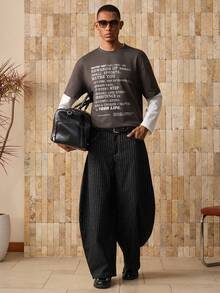 SWAVVY 男士时尚休闲宽松条纹刺绣长裤，秋季 - 黑色 - 查看 7