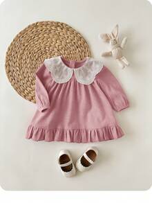 新生女宝宝可爱优雅红色彼得潘领长袖连衣裙 - 藕粉色 - 查看 3