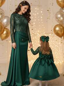 Elegant & Cute Dark Green Floral Lace Pattern Dress - Dark Green - View 1