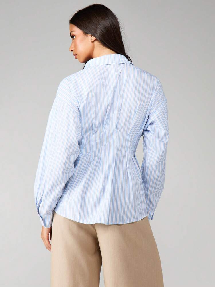 MISSGUIDED Pleated Waist Detail Button Down Collared Shirt With Long Sleeves In Vertical Striped Pattern For Office Work Business Casual Spring Summer