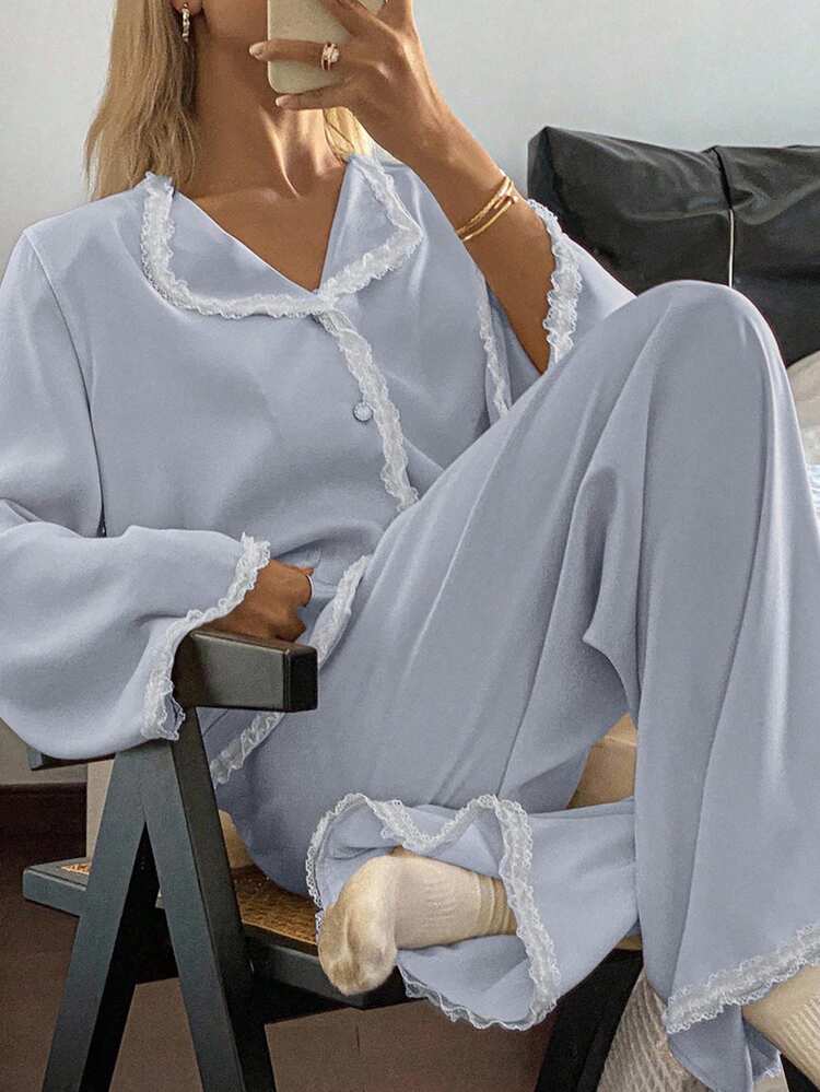 Satin Lace Ruffle Trim Women Pajama Set, Spring, Fall Winter Clothes