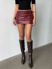 Aloruh 酒红色PU迷你裙，优雅通勤装，秋冬季，红色裙子，Y2K风格，酒红色迷你裙，女士休闲装，情人节女士装，商务休闲修身款，复古风格，基础纯色半身裙，春季女士装 - 酒紅色 - 查看 7