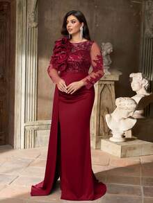 Aureia Gaun Pesta Formal Ukuran Besar Elegan Warna Burgundy, Gaun Pesta Musim Semi Leher Perahu Berhiaskan Manik-manik Bordir Taffeta Ruffle 3D Lengan Panjang Belahan Tinggi Transparan - Burgundy - View 6