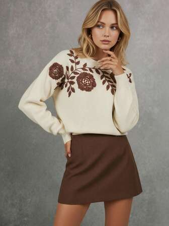 Poéselle Casual Retro Rund Hals Långärmad Damtröja För Höst/Vinter