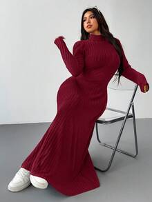 SHEIN EZwear 红色羊毛罗纹高领休闲加大码长款连衣裙，秋冬款 - 紅色 - 查看 4