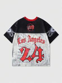 ROMWE MEN Anime Camiseta de manga corta de jersey deportivo para hombre, con parches de tela de malla, para verano