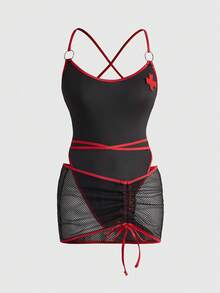 ROMWE Bộ đồ lót y tá Gothic tối màu với dây buộc chéo sau lưng gợi cảm và váy lưới mini cho nữ - màu đen - Xem 1