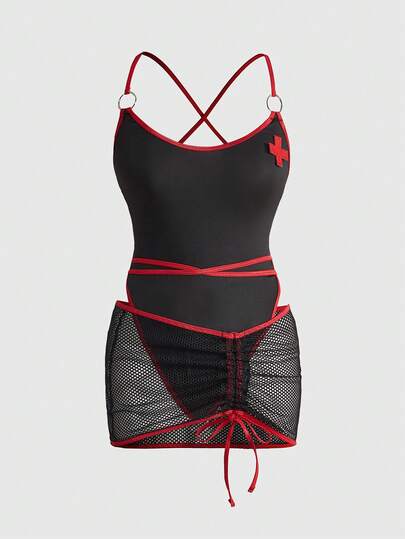 Goth Set di lingerie gotica scura da infermiera con body sexy con incrocio sulla schiena e minigonna in rete per le donne