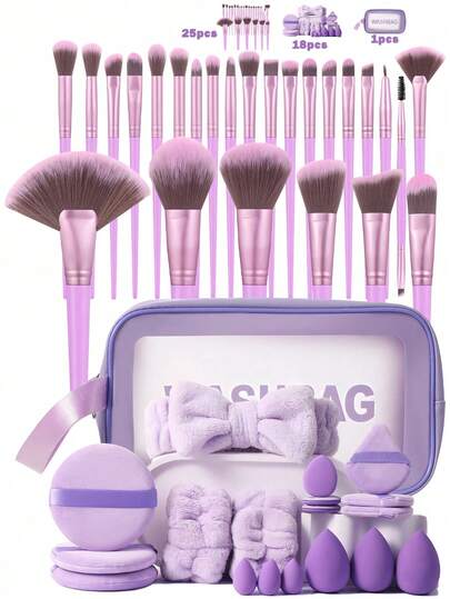 Set de 3/18/25/32 brochas de maquillaje con bolsa de maquillaje impermeable, diadema, esponjas y borlas para polvo, kit de maquillaje profesional para mujer para uso en casa y viajes, regalo de Navidad y cumpleaños, herramientas de belleza y accesorios de cosmética