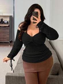 Vibekara Autumn/Winter Bowknot Drawstring Tie Design High-End Apricot Pullover Sweater - Black - View 4
