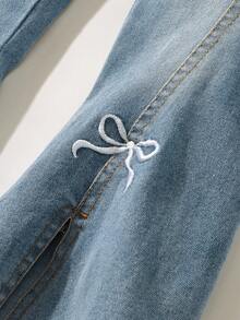Maija Kids 年轻女孩蝴蝶结刺绣花卉下摆开衩休闲牛仔裤 - 藍色 - 查看 5
