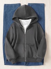 SHEIN 少女休闲连帽落肩长袖拉链外套，秋冬季 - 深灰色 - 查看 3