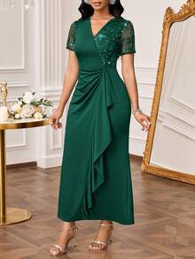 SHEIN Lady Vestido elegante de mujer con mangas cortas, volantes, parches florales y lentejuelas de malla - Verde Oscuro - Ver 3