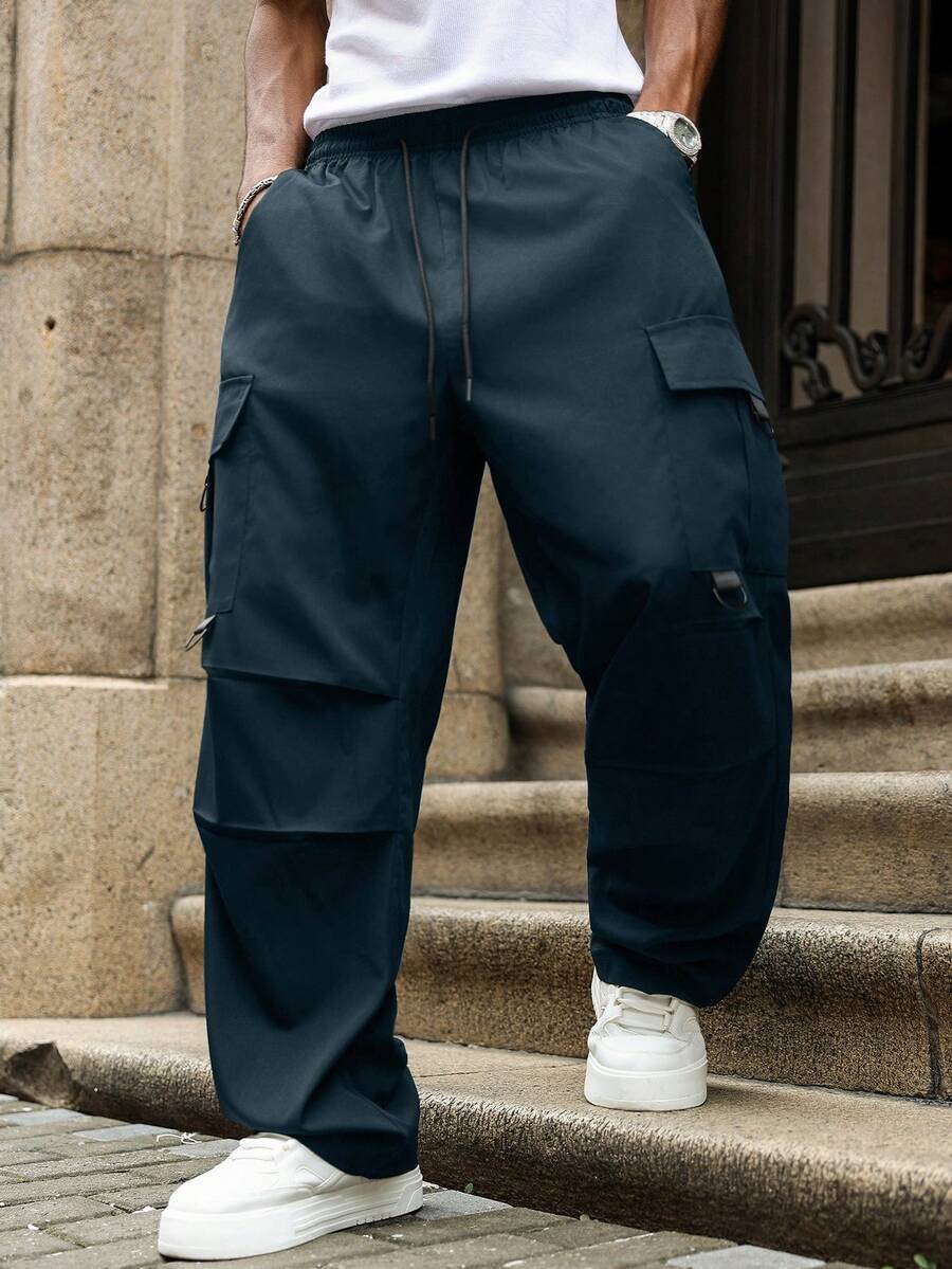 Manfinity Homme Men's Plus Size Solid Color Drawstring Waist Pleated Loose Cargo Pants,Navy Blue Streetwear Baggy Utility Sweat Pants For Autumn Hiking - Blue - View 1