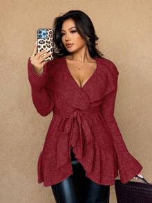 Islaluna Women's Basic Minimalist Elegant French Fashion Romantic Tie-Front Cardigan - Red - View 5