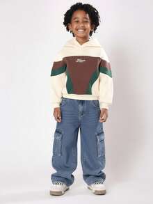 SUMWON 运动拼色连帽衫，带中央口袋，儿童休闲套头衫，秋冬舒适保暖街头时尚青少年日常穿着 - 彩色 - 查看 4