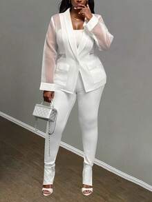 Slaydiva Noutăți Toamnă/Iarnă 2025 Haine pentru femei, Costume de Halloween pentru festivaluri de muzică, Rochii de ziua de naștere, Ținute casual de bază, Timp liber, Călătorii în croazieră, Plajă, Baie de soare, Hituri virale, Streetwear, Punk, Club, Blazer alb transparent din organza, model patchwork, cu pantaloni evazați mulați, Ținute de club sexy transparente, Seturi de lounge mărime mare