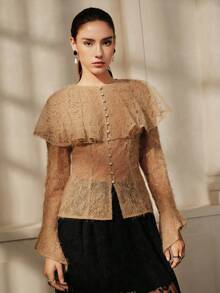 Anewsta Savoree Autumn Women's Peter Pan Collar Top, Halloween Flowy Lace Blouse, Y2K Style - Khaki - View 4
