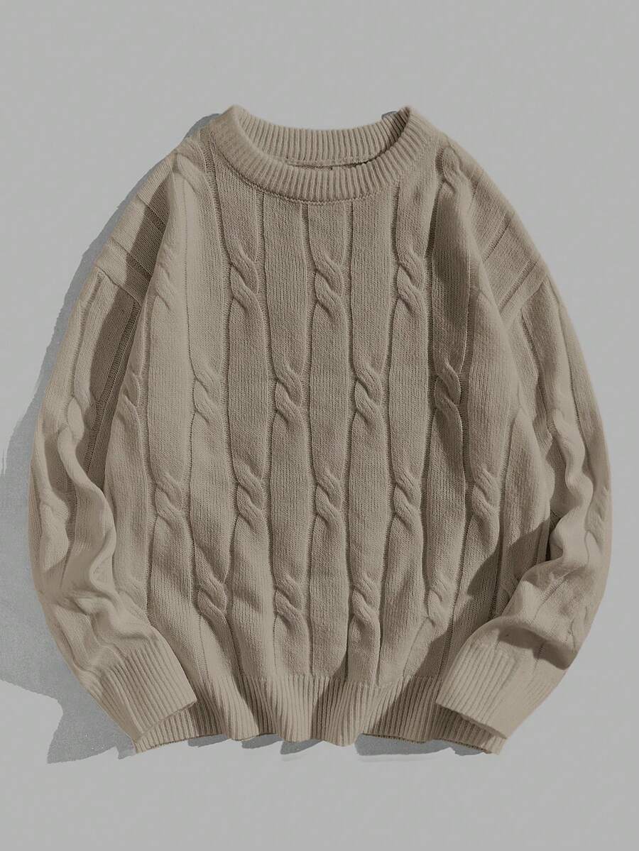 EASEVO Plus Size Men's Casual Cable Pattern Crew Neck Long Sleeve Sweater, Autumn/Winter - Khaki - View 1